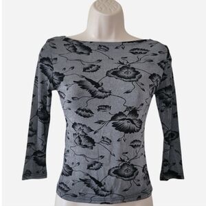 Whimsigoth Vintage Gray and Black Floral Top with Three Quarter Inch Sleeves